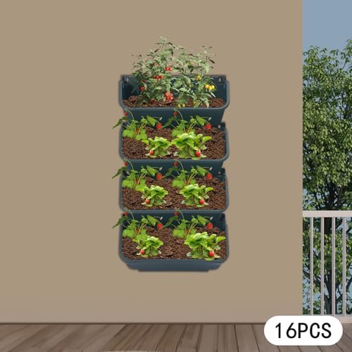 Vertical Wall Planter with 16 Pots, Hanging Garden Plant Flowerpot Holder, Stackable Wall-Mounted Planter, Balcony Planters for Flowers Vegetables Fruits (Army Green, 16 Pots) - Image 3