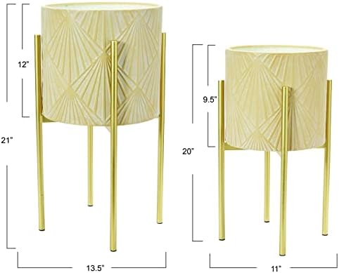 Main + Mesa Modern Boho Embossed Metal Planters with Stands, Cream and Gold, Set of 2 Sizes - Image 3