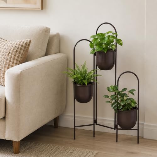 TRIROCKS 3 Tier Plant Stand with 3 Removable Metal Pots Indoor Outdoor Corner Plant Rack, 35" H Space Saving Flower Pot Holder for Living Room, Balcony, Patio & Garden(Brown) by TRIROCKS