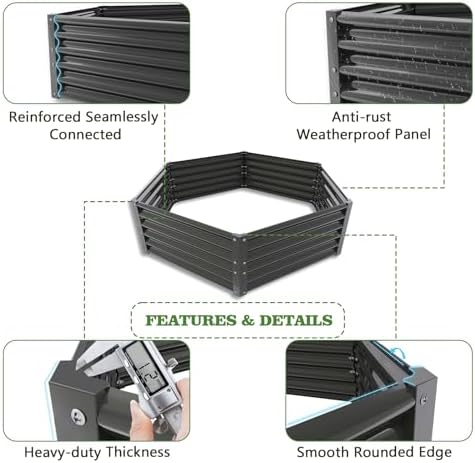 Anleolife 70x60x18in Hexagon Galvanized Raised Garden Bed, Quartz Grey - Image 4