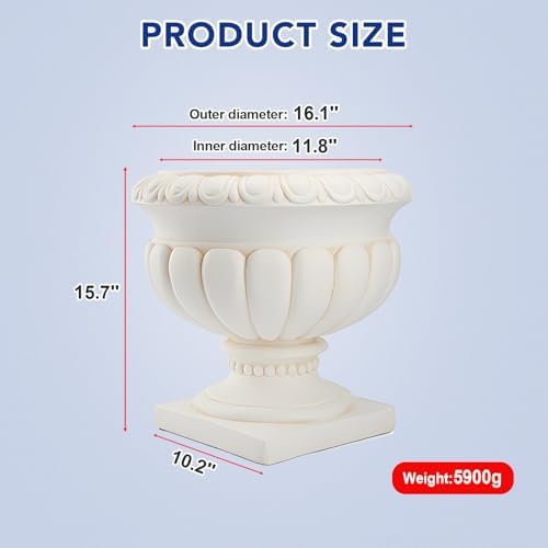 Large Urn Planter – White Vintage Magnesium Oxide Pot with Drainage for Indoor & Outdoor Garden, Entryway, Walkway Decor - Image 2