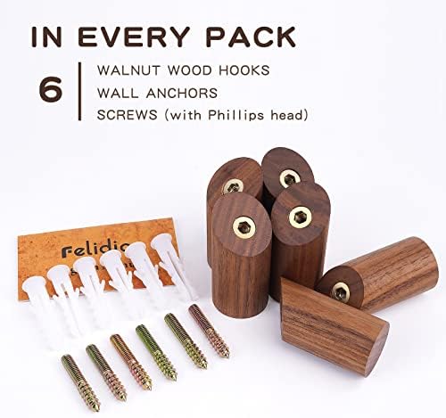 Felidio Wood Wall Hooks, 6 Pack Natural Wooden Coat Hooks Wall-Mounted, Rustic Heavy Duty Hook for Hanging Towels Coats Plants, Entryway Hat Hanger Wall Coat Rack (Walnut Wood) - Image 5
