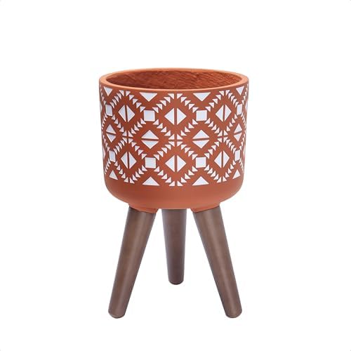 D'vine Dev Planter Pot with Wood Stand, 8 in, Terracotta/White, 88-G-A-5 by DvineDevPlanterPotsandStand
