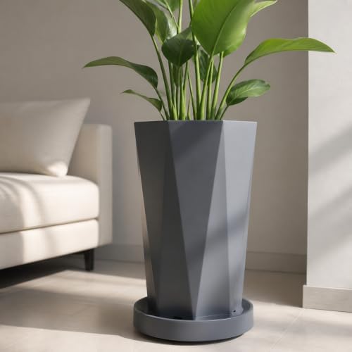 Geometric Faceted Floor Pot with Tray | Minimalist, Octagonal Planter with Tray, Modern, Container Holder, for Living Room, Indoor Garden, Interior Design, Grey, L - Image 3