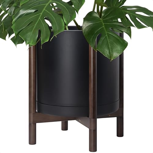 D'vine Dev Plastic Pot with Walnut Wood Stand, Black, 16 in, 55-C-X-2 by DvineDevPlanterPotsandStand