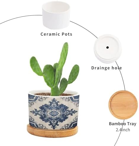 Navy Blue Damask Planter Ceramic Bohemian Diamond Shape Flower Round Flower Pot with Drainage Holes and Bamboo Tray Pot for Home Office Desk Garden - Image 3