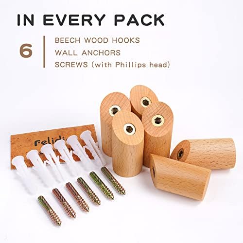 Felidio Wood Wall Hooks, 6 Pack Natural Wooden Coat Hooks Wall-Mounted, Rustic Heavy Duty Hook for Hanging Towels Coats Plants, Entryway Hat Hanger Wall Coat Rack (Beech Wood) - Image 5