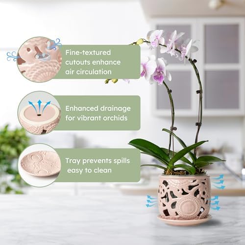 HERDUK Ceramic Orchid Pot, Orchid Pots with Drainage Holes & Saucer 6.5 Inch,Orchid Pot for Repotting Indoor, Orchid Containers with Precise Aeration & Drainage - Image 3