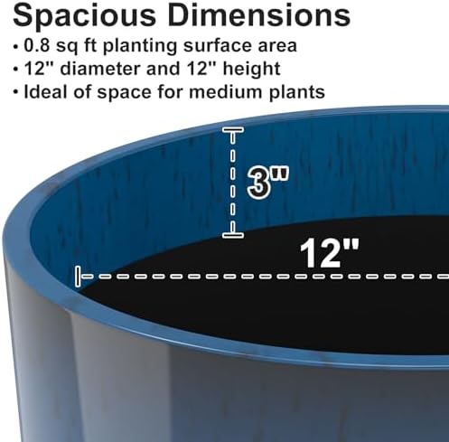 GameXcel Flower Pot Indoor - Outdoor Plant Pot - Navy Blue Glossy Planter - Elegant Ceramics Imitation - 12" Diameter 12" Tall with Drainage Holes and Saucer 2 Pack - Image 6