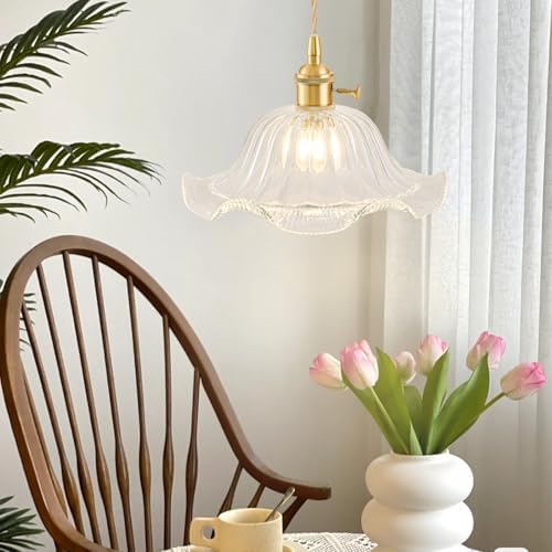 Plug in Pendant Light Vintage 2 Pack, Adjustable Pulley Hanging Lamp with Clear Lily Glass Shade, Brass Hanging Lights with Plug in Cord, Gold Hanging Pendant Light for Bedroom Living Room Kitchen - Image 3