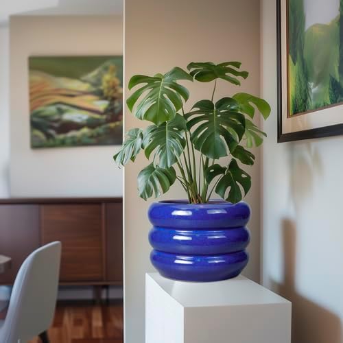 SQOWL Ceramic Plant Pot - 10 Inch Planter for Outdoor Plants Indoor Plant Pot with Drainage Hole Large Planter Decorative Modern Flower Pot for Home Office Decor Blue - Image 5