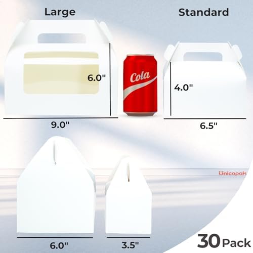 UnicoPak 30 Pack 9x6x6 White Bakery Boxes with Window, Large Gable Boxes for Lunch, Treats, Cookies, Pastries, Cardboard Gift Boxes for Christmas, Holiday Presents, Auto-Popup Assembly - Image 2
