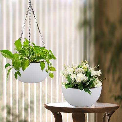 Meowell 12 inch Large Hanging Planters for Indoor Outdoor Plants, 2 Pack Hanging Flower Pots with Drainage Holes and Chain for Garden Porch, Plastic Hanging Baskets for House Plants, White - Image 7