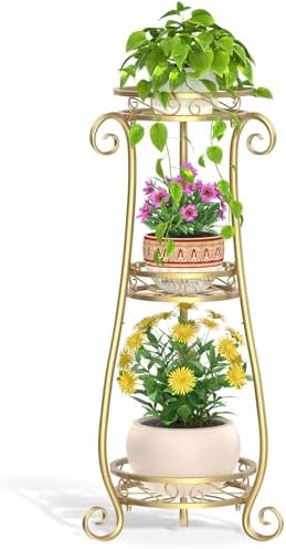 LASZOLA 3 Tiers Metal Corner Plant Flower Stand Tall Indoor Outdoor, Gold by LASZOLA
