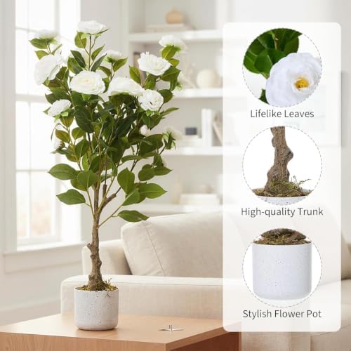 Artificial Camellia Trees, 3FT Faux Camellia Plant in Pot with Flowers - Image 3