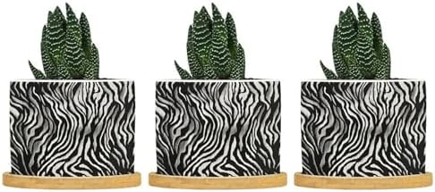 in Beige Planter Ceramic Black White Zebra Print Round Plant Pot with Drainage Holes and Bamboo Tray Pot for Indoor Outdoor Garden by BRUYU5SE