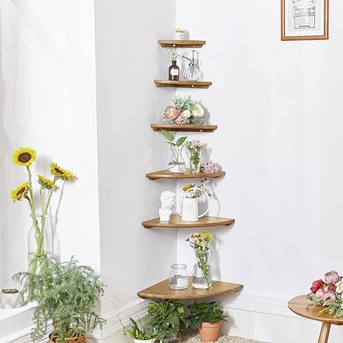 Corner Shelf, Solid Oak Wood Floating Corner Shelf Wall Mount Round End Floating Speaker Shelves with Wire Hole for Small Plant Photo for Bedroom Kitchen, Living Room - Image 2