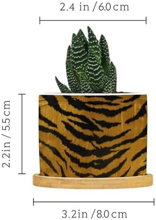 Tiger Fur Skin Planter Ceramic Animal Strip Print Round Flower Pot with Drainage Holes and Bamboo Tray Pot for Outdoor Garden Home Plant - Image 2
