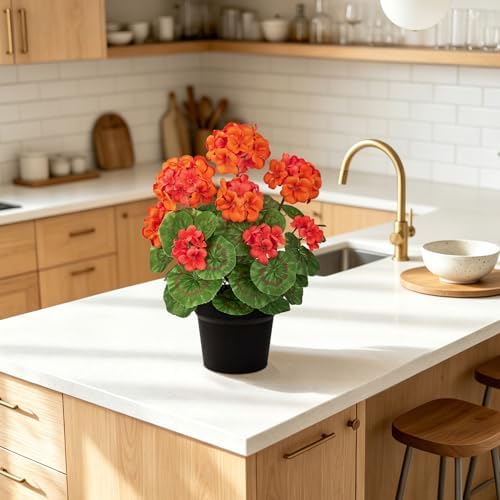 Briful Fall Geranium Artificial Flowers Realistic Potted Plant, Orange - Image 4
