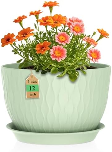 WSMKSZ 12 Inch Large Plant Pots for Indoor or Outdoor Plants, Wide Water Ripples Flower Pots with Drainage Holes & Saucer, Plastic Planters Set for Garden & Home Decor (Green) by WSMKSZ