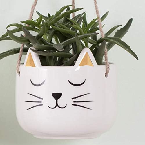 Planter for Succulent Plant Ceramic Plant Pots Indoor, Novelty Planters for Home Office Garden (White Cat w Gold Ears, Hanging, 2) - Image 4