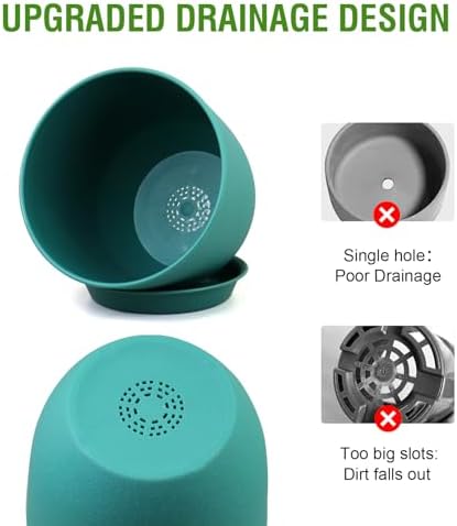 WSMKSZ Large Flower Pots 12/10/9 inch, Set of 3 Modern Decorative Plastic Planters with Drainage Holes and Saucers for House Plants, Plant Pots for Indoor Outdoor Plants, Blue Green - Image 6