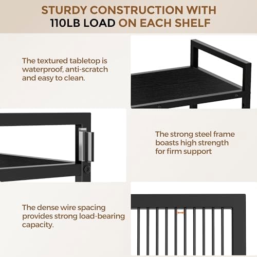 3-Tier Metal Storage Rack with Industrial Wheels,Mesh Shelving Unit with Wooden Table top,Adjustable Shelf,23.6-Inch Width,for Kitchen,Laundry,Pantry,Plant,Black panel and black frame - Image 3