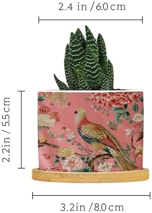 Blush Chinoiserie Bird Planter Ceramic Hydrangea Peacock in Coral Round Flower Pot with Drainage Holes and Bamboo Tray Pot for Home Office Decoration - Image 2