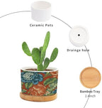 Blue Floral Chinoiserie on Orange Planters Ceramic Peony Chic Asian Round Flower Pot with Drainage Holes and Bamboo Tray Pot for Pots Outdoor Indoor Plants - Image 3