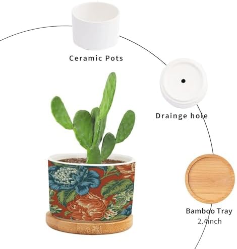Blue Floral Chinoiserie on Orange Planters Ceramic Peony Chic Asian Round Flower Pot with Drainage Holes and Bamboo Tray Pot for Pots Outdoor Indoor Plants - Image 3