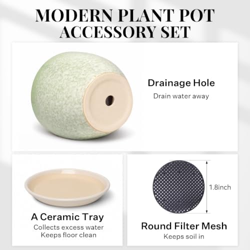 8 Inch Ceramic Planter with Drainage Hole Saucer(Jade Green) - Image 4