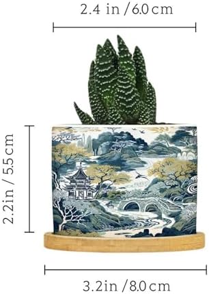 Trend Dragon and Print Planter Ceramic Chinoiserie Asian Inspired Round Plant Pot with Drainage Holes and Bamboo Tray Pot for Outdoor Garden Home Plant - Image 2