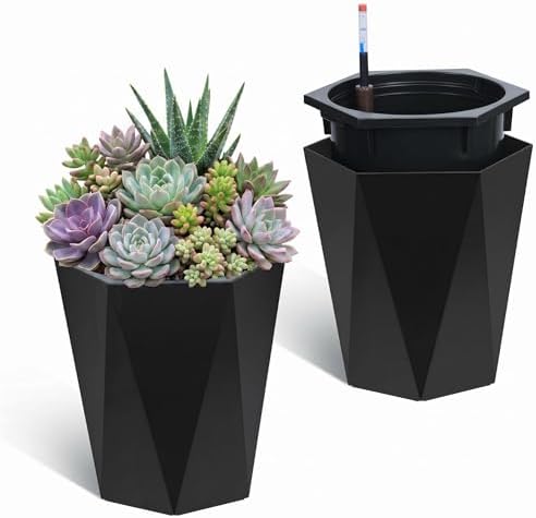 Takywep Self-Watering Tall Planters Set of 2, 22.5" & 16" Diamond Resin Flower Pots with Water Level Monitor & Wheels for Indoor & Outdoor Plants, Patio, Porch, Living Room and Home Office by HOME