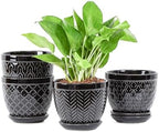 Sureasy Ceramic Indoor Plant Pots - 5.6 Inch Flower Pots for Plants with Drainage Hole and Saucer, Embossed Planter for Succulents, Orchid, Cactus, Indoor Home Decor, Set of 4, Black by Sureasy