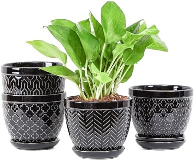 Sureasy Ceramic Indoor Plant Pots - 5.6 Inch Flower Pots for Plants with Drainage Hole and Saucer, Embossed Planter for Succulents, Orchid, Cactus, Indoor Home Decor, Set of 4, Black by Sureasy