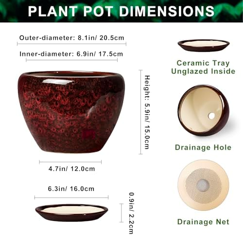 8 Inch Planter - Ceramic Plant Pots with Drainage Hole and Saucer, Decorative Plant Pots for Indoor Plants Outdoor, Round Planter, Modern Office Decor, Gifts for Gardeners, Red Leopard - Image 2