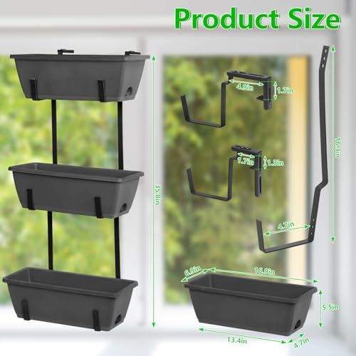 OYEAL Deck Railing Planter Boxes Set of 2 Over The Fence Planters Rail Hanging Planter Boxes with Adjustable Brackets, 6 Plastic Flower Boxes, Grey - Image 3