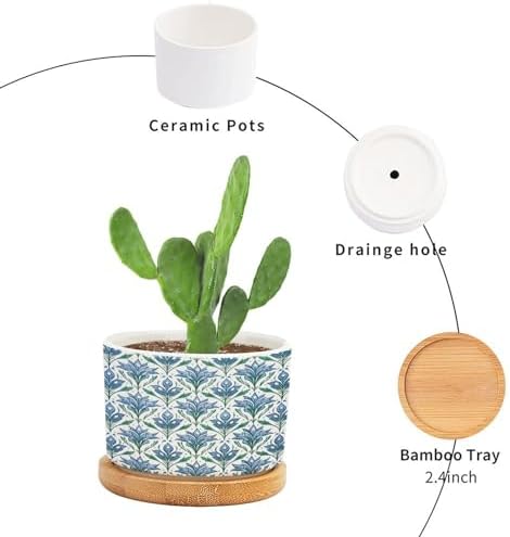Blue Floral Planter Ceramic Mughal Flower Round Flower Pots with Drainage Holes and Bamboo Tray Pot for Pots Outdoor Indoor Plants - Image 3