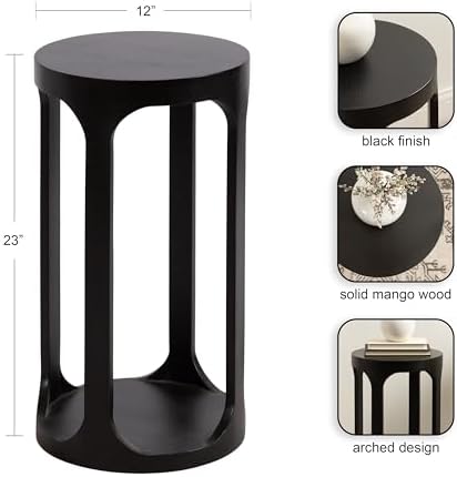 Kate and Laurel Dahl Modern Slatted Wooden Round Drink Table; 12 x 23; Black; Transitional Wood Accent Pedestal Table for Use as Living Room Plant Stand or Small Bedroom Nightstand - Image 3