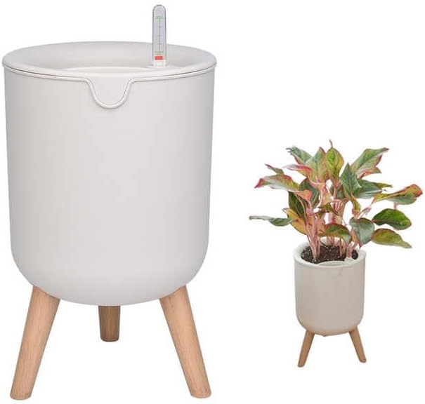 Modern self-Watering Planter with Stand Legs, White Planter Pot with Wood-Mimic Stand, Easy Lazy Care Planter, Size 13 x 8 by GROW24