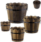 4 PCS Wooden Whiskey Barrel Planters, Wavy Edge Rustic Bucket Flower Pots with Metal Handles, Round Garden Accessory for Succulents Flowers Veggies, Outdoor Indoor Home Porch Yard Container - Image 2
