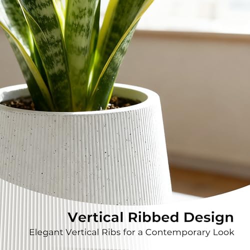 Worth Garden White Large Round Planter, 12.5" Dia x 18.5" H Lightweight Magnesium Oxide Cement Plant Pot with a Striped Textured Finish, Raised Pattern Concrete Look, Drainage Hole, Indoor & Outdoor - Image 3
