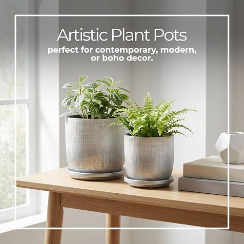 Textured Ceramic Flower Pots with Saucer for Home Decor - Modern Planters and Pots for Garden Plants- Elegant Planters for Indoor Plants and Outdoor Use - Set of 2, 6", 5", Silver & Metallic - Image 4