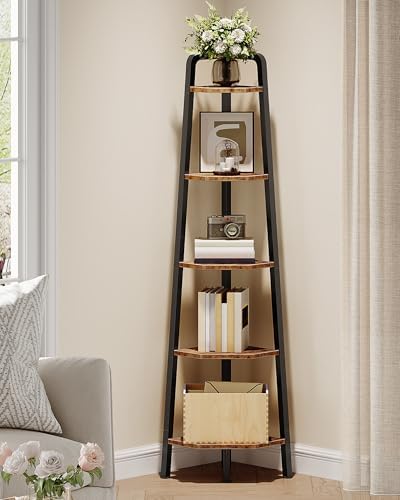 CHOEZON Corner Shelf, 5-Tier Ladder Corner Shelf, Ladder Bookshelf, 59.6" Tall Vertical Display Stand, Metal Frame Bookshelf, for Living Room, Bedroom, Kitchen, Rustic Brown and Black TCJ20BF by Choezon