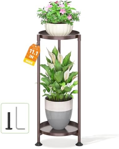 LASZOLA Metal Plant Stand Indoor Tall with 11 Inch Large Tray 2 Tier Brown by LASZOLA