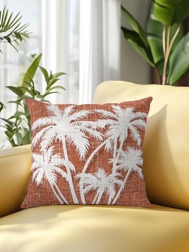 Throw Pillow 16x16 Inch, Tropical Palm Tree Waterproof Outdoor Pillow Covers for Patio with Insert, Vintage Burnt Orange Botanical Plants Decorative Pillowcase Cushion for Couch, Sofa, Bed, Garden - Image 2