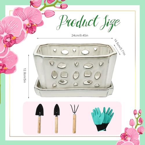 Teenyyou 9.5" Orchid Pot Ceramic with Hole Saucer for Repotting, White - Image 2