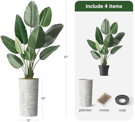Artificial Tree in Geometric Pattern Planter, Fake Bird of Paradise Silk Tree for Indoor and Outdoor Home Decoration - 67" Overall Tall (Plant Pot Plus Tree) - Image 3