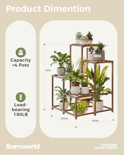 Bamworld 4-Pot Plant Stand with Grow Light Indoor Outdoor Corner Shelf Plant Holder Flower Stand Wood Plant Rack Indoor Multiple Plants Patio Balcony Garden Living room - Image 2