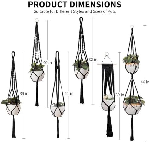 GarveeLife 6PCS Macrame Plant Hangers,Metal Rings,Layered Display,Black - Image 2